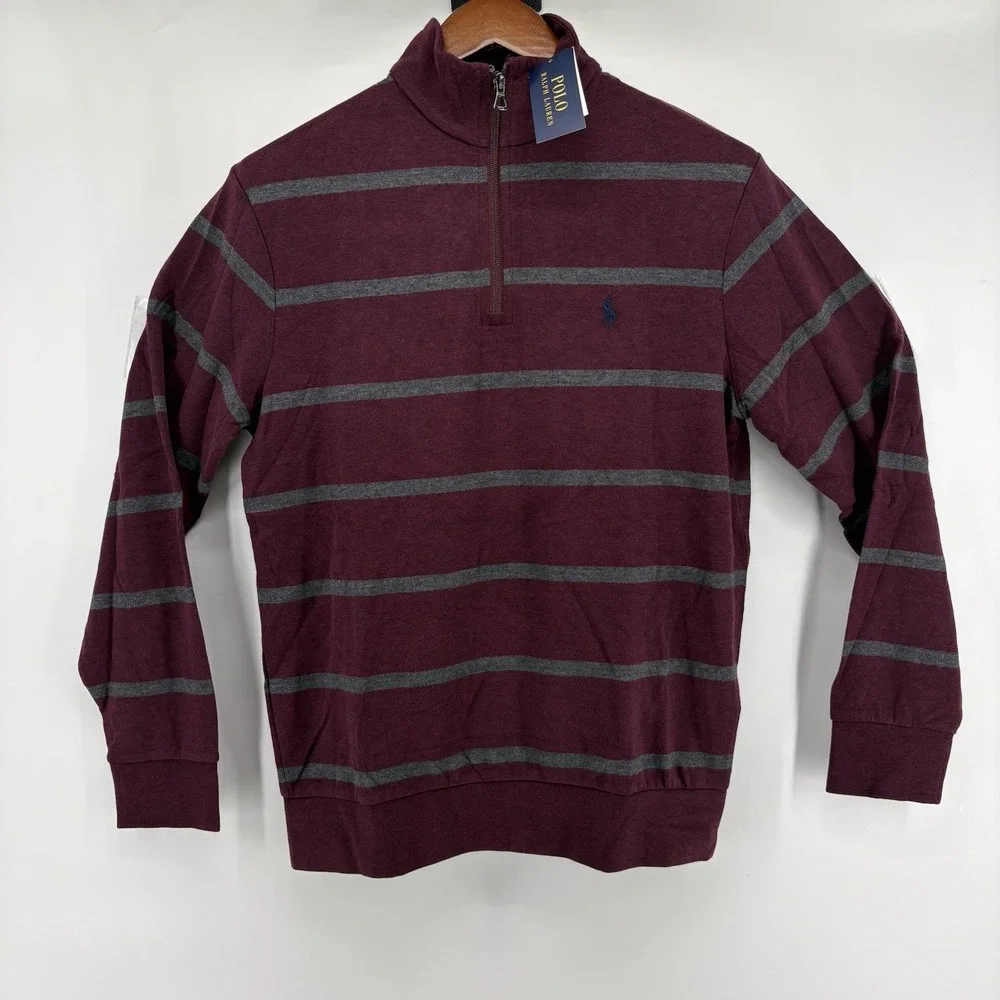 Polo Ralph Lauren Mens 1/4 Zip Sweater Long Sleeve Maroon Red Gray Striped SZ Sm